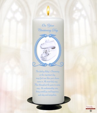 Vintage Blue Frame Shoes Christening Candle (White/Ivory)