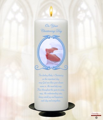 Vintage Blue Frame Feet Christening Candle (White/Ivory)