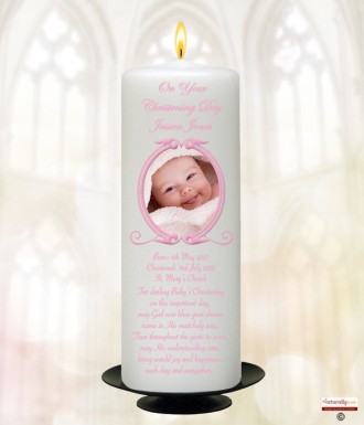 Vintage Pink Frame and Photo Christening Candle (White/Ivory)