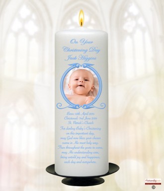 Vintage Blue Frame and Photo Christening Candle (White/Ivory)
