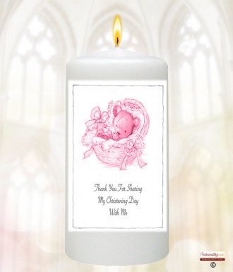 Pink Teddy in a Basket Christening Favour (White)