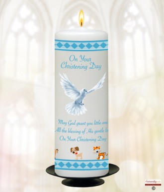 Blue Jungle and Dove Christening Candle (White/Ivory)