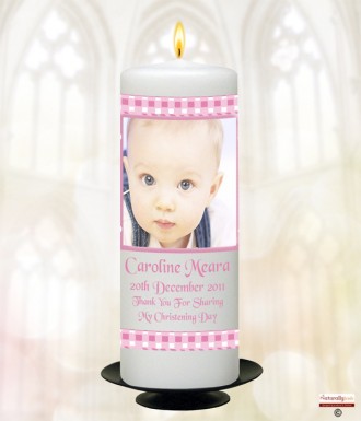 Girl Gingham Flower and Photo Christening Candle (White/Ivory)