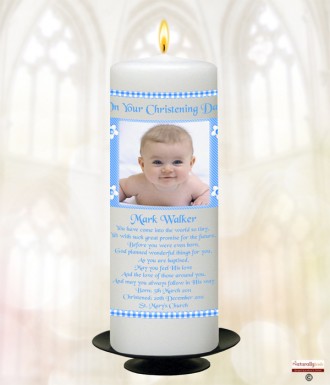 Boy Gingham Flower and Photo Christening Candle (White/Ivory)