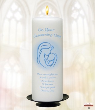 Mother and Child Blue Christening Candle (White/Ivory)