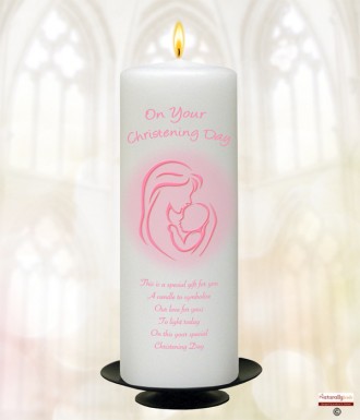Mother and Child Pink Christening Candle (White/Ivory)