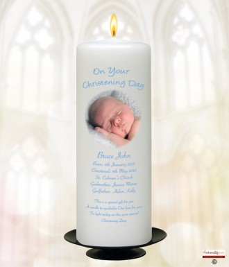 Mother and Child Photo Blue Christening Candle (White/Ivory)