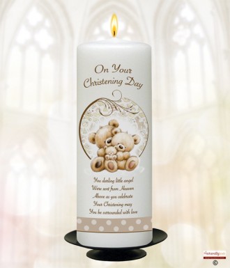Teddy and Bubbles Brown Christening Candle (White/Ivory)