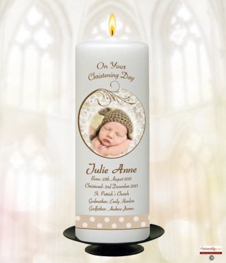 Teddy and Bubbles Brown and Photo Christening Candle (White/Ivory)