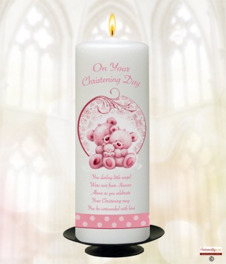Teddy and Bubbles Pink Christening Candle (White/Ivory)