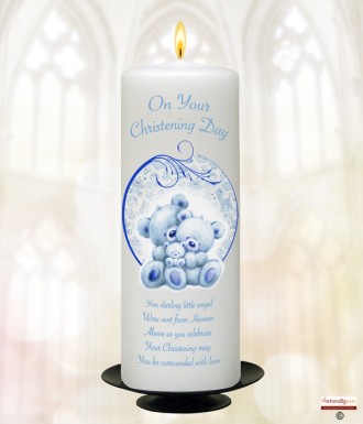 Teddy and Bubbles Blue Christening Candle (White/Ivory)