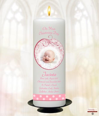 Teddy and Bubbles Pink and Photo Christening Candle (White/Ivory)