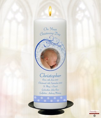 Teddy and Bubbles Blue and Photo Christening Candle (White/Ivory)