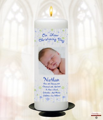 All Things Nice Blue and Photo Christening Candle (White/Ivory)