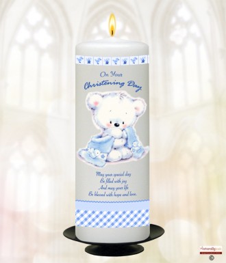 Hush Teddy Blue Christening Candle (White/Ivory)