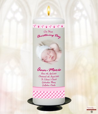 Hush Teddy Pink and Photo Christening Candle (White/Ivory)