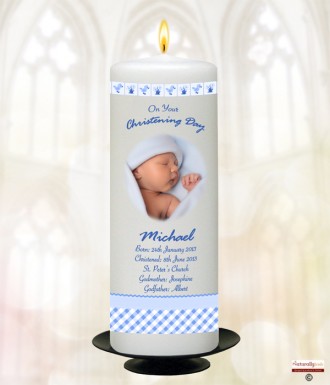 Hush Teddy Blue and Photo Christening Candle (White/Ivory)