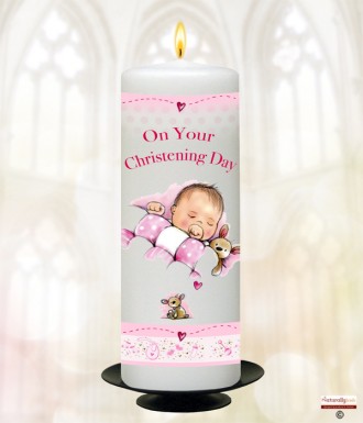 Teddy and Quilt Pink Christening Candle (White/Ivory)