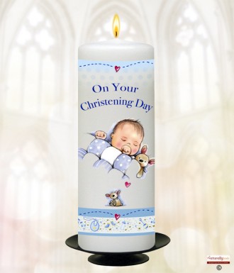 Teddy and Quilt Boy Christening Candle (White/Ivory)