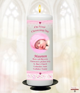 Teddy and Quilt Pink and Photo Christening Candle (White/Ivory)