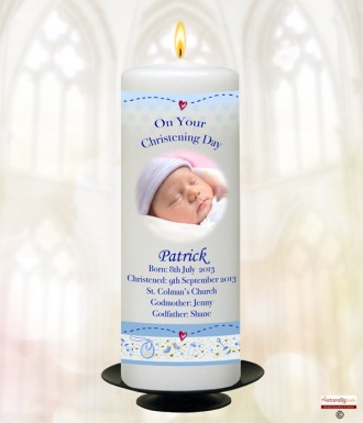 Teddy and Quilt Boy and Photo Christening Candle (White/Ivory)