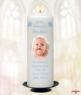 Christening Angel Blue and Photo Christening Candle (White/Ivory)