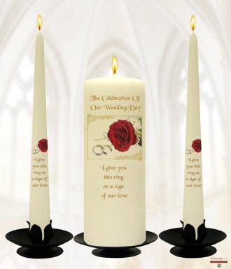 Red Roses & Gold Rings Wedding Candles (Ivory)