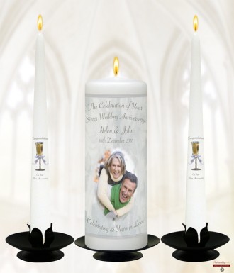 Champagne Glasses and Photo Happy Silver Wedding Anniversary Candles