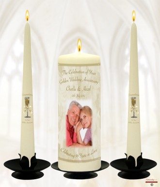 Champagne Glasses and Photo Happy Golden Wedding Anniversary Candles