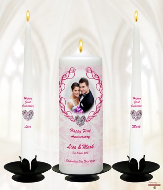 Love Heart Gem and Photo Happy 1st Wedding Anniversary Candles