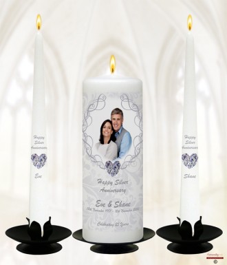 Love Heart Gem and Photo Happy Silver Wedding Anniversary Candles
