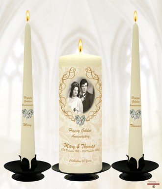 Love Heart Gem and Photo Happy Golden Wedding Anniversary Candles