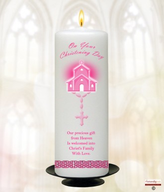 Church & Rosary Beads Pink Christening Candle (White/Ivory)