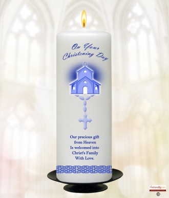 Church & Rosary Beads Blue Christening Candle (White/Ivory)