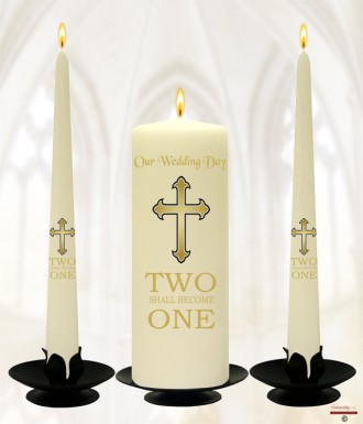 Two Shall Become One Gold Wedding Candles (Ivory)
