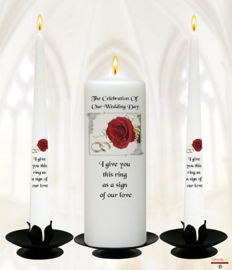 Red Roses & Silver Rings Wedding Candles (White)