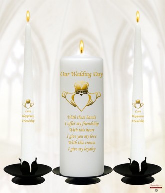 Claddagh Heart Gold Wedding Candles (White)