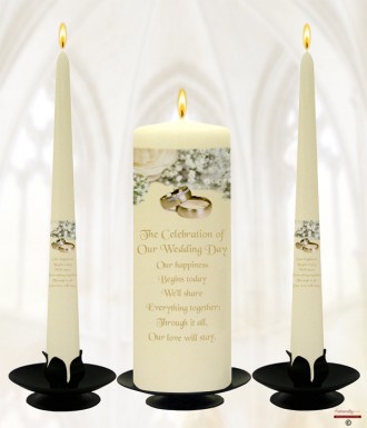 White Flowers & Rings Wedding Candles (Ivory)