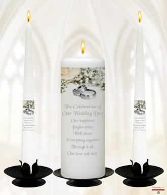 White Flowers & Rings Wedding Candles (White)