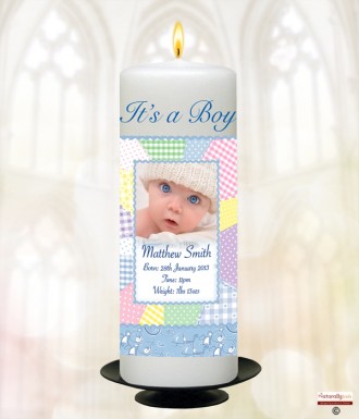 Quilt Boy Photo Candle (White)