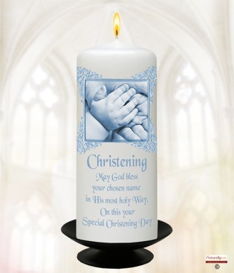 Christening Hands Blue Christening Candle (White/Ivory)
