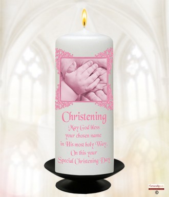 Christening Hands Pink Christening Candle (White/Ivory)