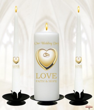 Heart & Rings Silver Wedding Candles (White)