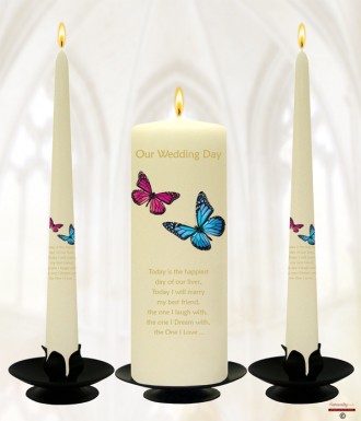 Pink & Blue Butterflies Gold Wedding Candles (Ivory)