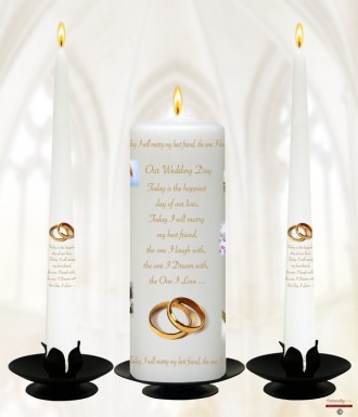 Memories Collage Gold Rings Wedding Candles (White)