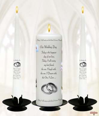 Memories Collage Silver Rings Wedding Candles (White)