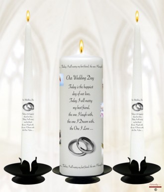 Memories Collage Silver Rings Wedding Candles (White)