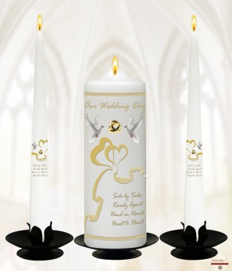 Two Hearts & Doves Gold Wedding Candles (White)