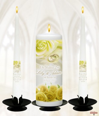 Rose Yellow & Rings Wedding Candles (White)