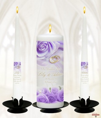 Rose Lilac & Rings Wedding Candles (White)